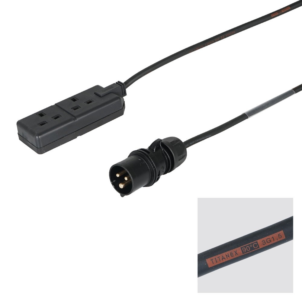 Elumen8 0.5m 1.5mm PCE Black 16A Plug to 2 Gang 13A Socket Cable Elumen8 0.5m 1.5mm PCE Black 16A Plug to 2 Gang 13A Socket Cable