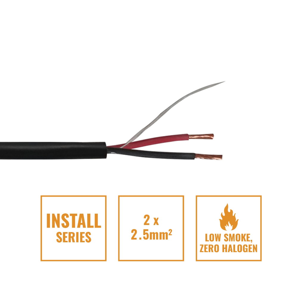 Elumen8 INSTALL LSZH 2 Core 2 x 2.5mm2 Speaker Cable SP2X2.5B, 500m Drum Black Elumen8 INSTALL LSZH 2 Core 2 x 2.5mm2 Speaker Cable SP2X2.5B, 500m Drum Black