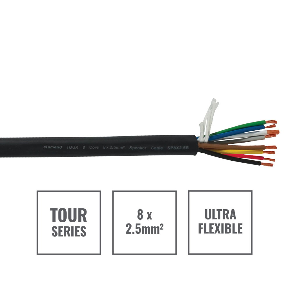 Elumen8 TOUR 8 Core 8 x 2.5mm2 Speaker Cable SP8X2.5B, 100m Drum Black Elumen8 TOUR 8 Core 8 x 2.5mm2 Speaker Cable SP8X2.5B, 100m Drum Black