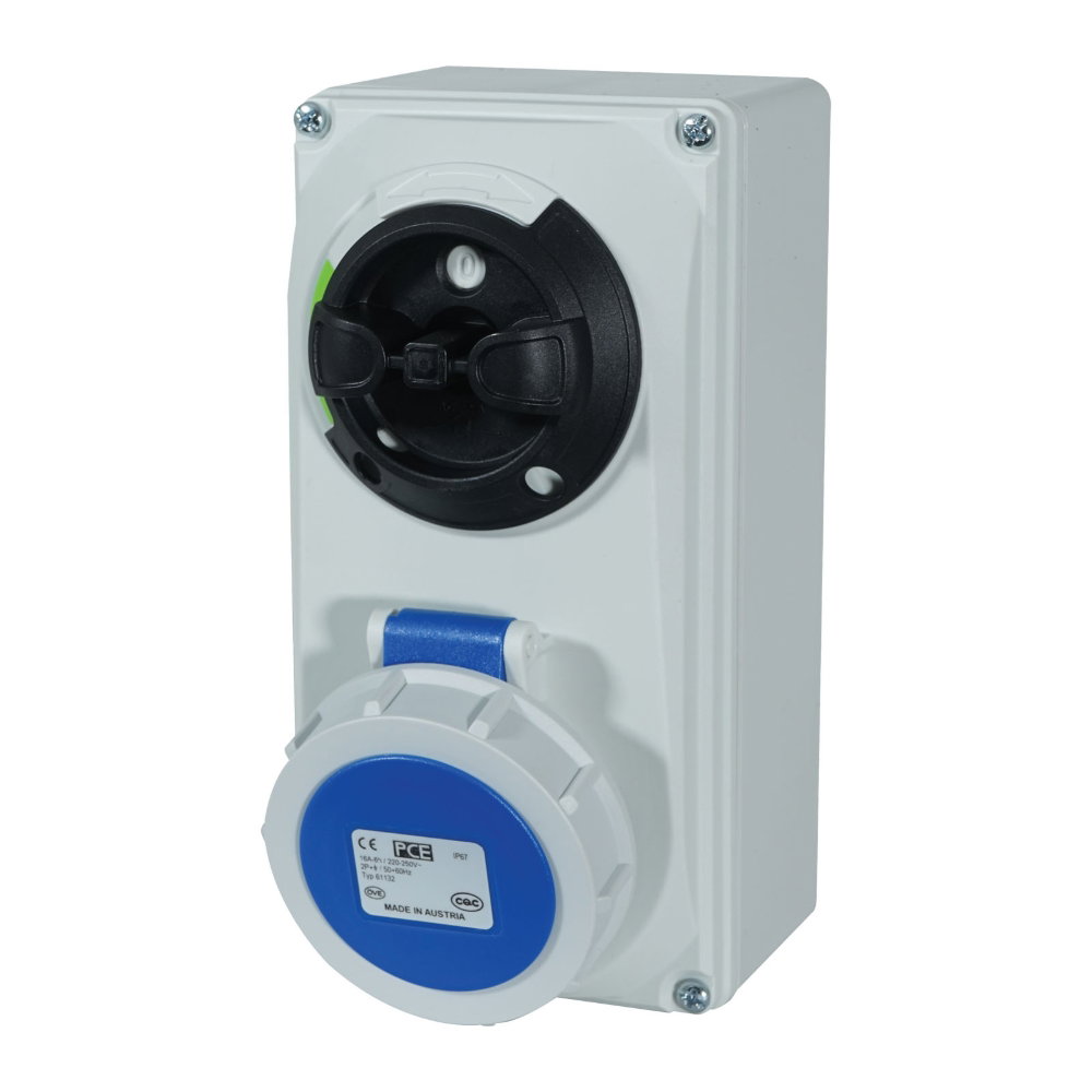 PCE 16A 230V 2P+E IP67 Switched Interlock Socket (61132-6) PCE 16A 230V 2P+E IP67 Switched Interlock Socket (61132-6)