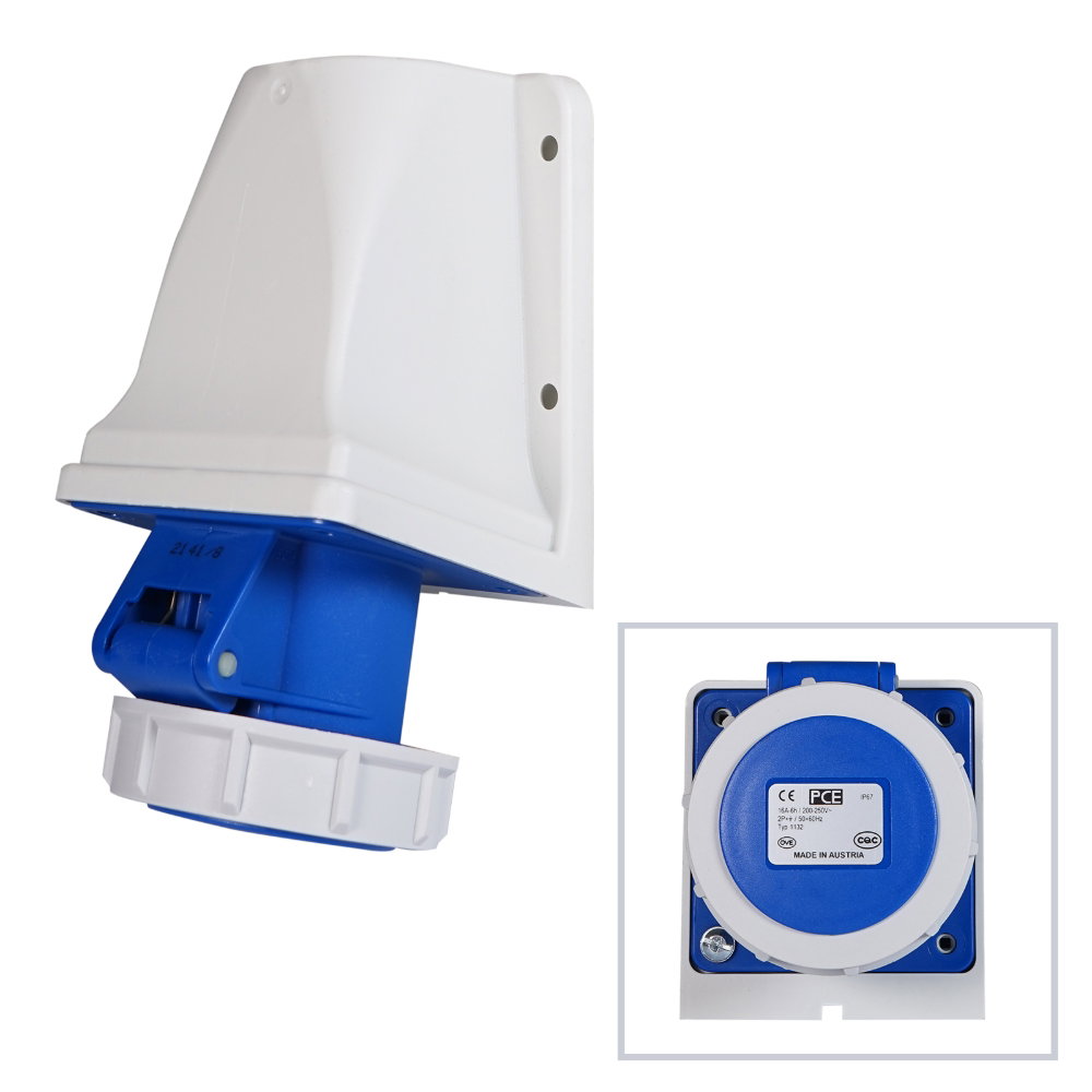 PCE 16A 230V 2P+E IP67 Wall Mount Angled Socket (1132-6) PCE 16A 230V 2P+E IP67 Wall Mount Angled Socket (1132-6)