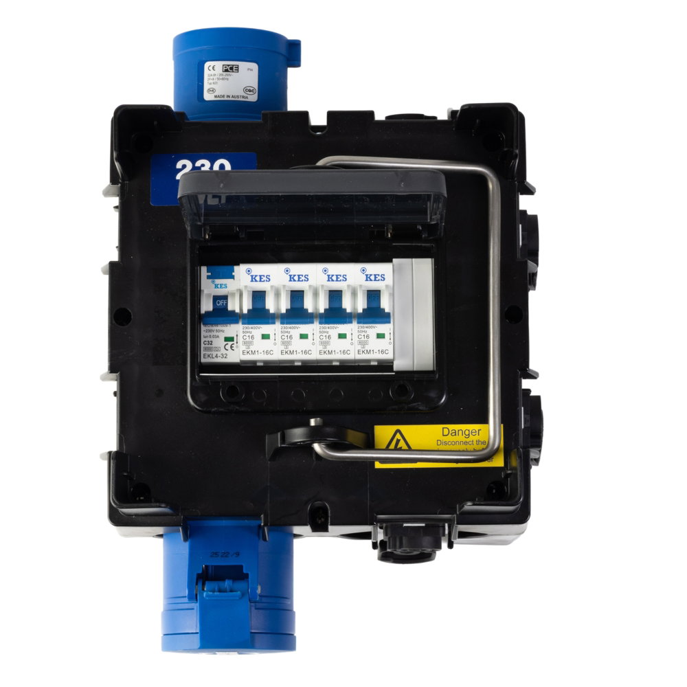 PCE IMST Distribution Box 32A 240V In, 4 x TR1 IP65 + 1 x 32A Out PCE IMST Distribution Box 32A 240V In, 4 x TR1 IP65 + 1 x 32A Out